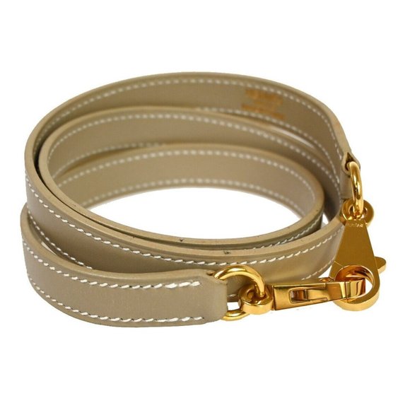 HERMES Logo Shoulder Strap Box Calf Leather Beige Silver For Kelly ACC - Picture 1 of 12